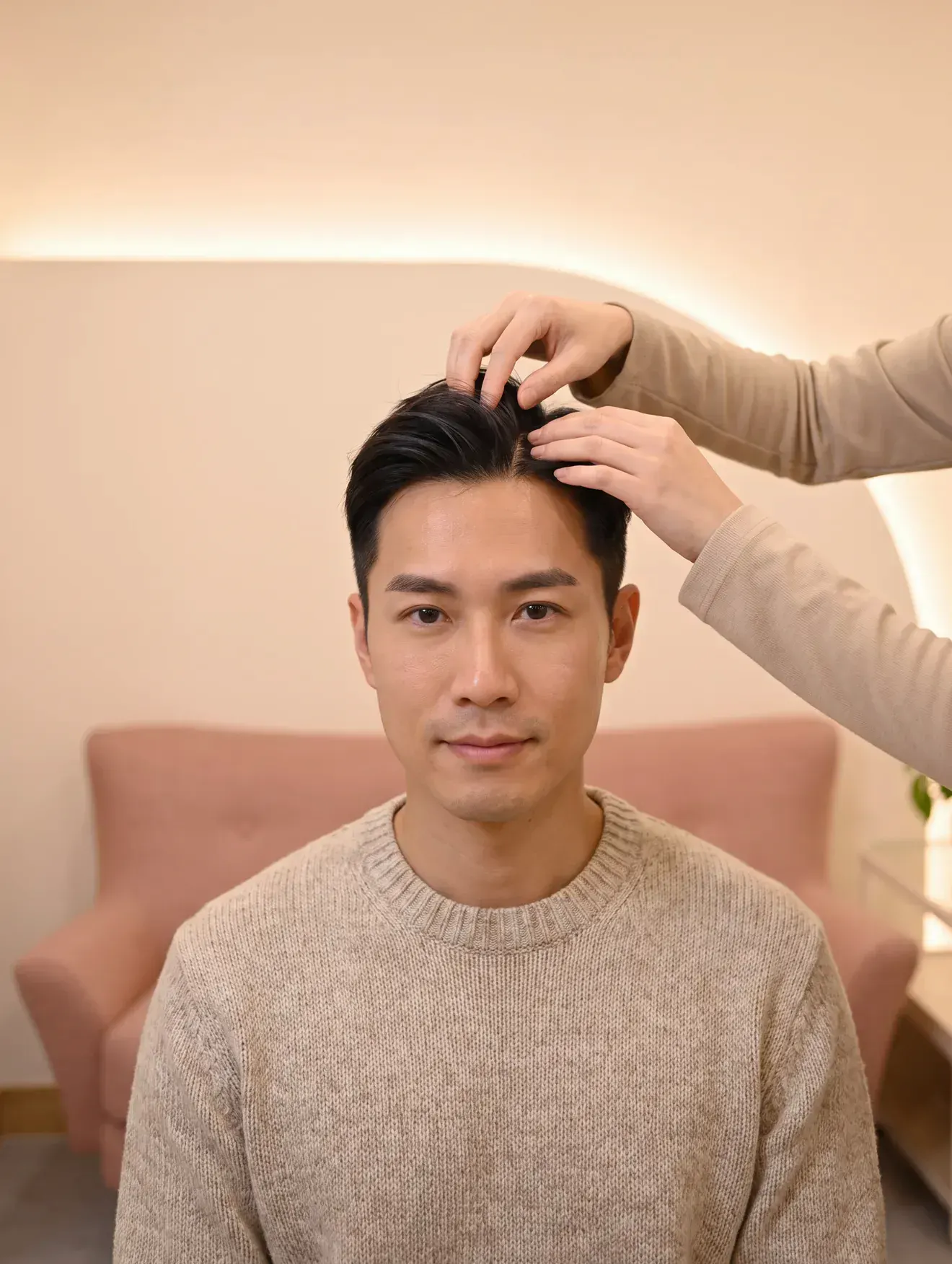成年男士接受頭皮檢測，護理師雙手輕按鬢角頭髮