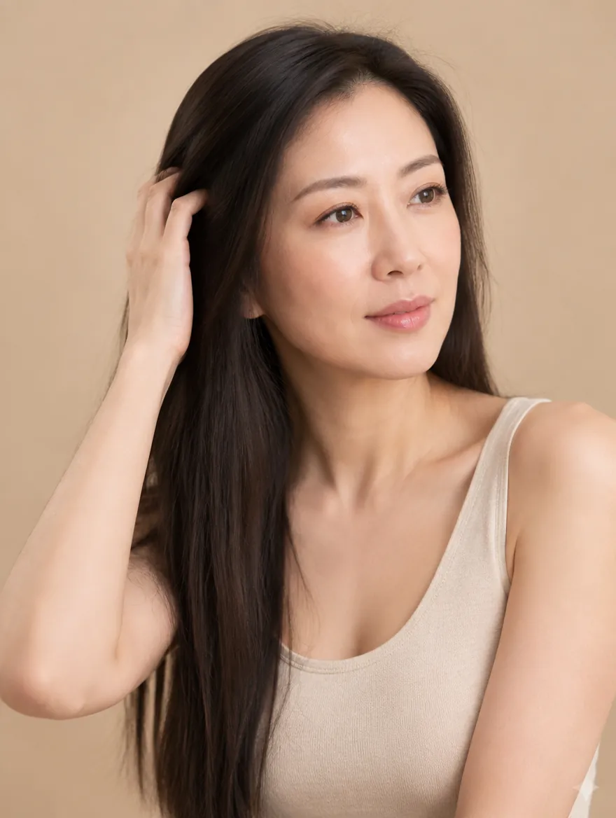 成年女士以手撫過長髮，暖米色棚拍