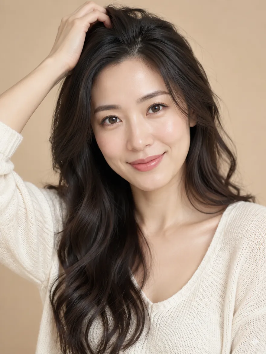 成年女士以手托起長髮，暖米色棚拍